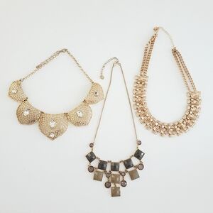 Bib Statement Necklace Bundle Jewellery Lot Faux Stones Gold Tone Geo 3 Pcs
